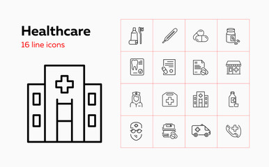 Healthcare line icon set. Thermometer, pharmacy, pills. Medicine concept. Can be used for topics like medication, self care, treatment