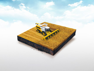 3d illustration of a soil slice, combine wheat harvesting on wheat field isolated on white background. 3d illustration combine harvester on the field. - 319291428