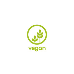 Vegan, veggie product label. Green leaves in circle icon.