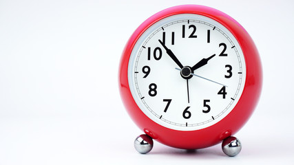 Red Alarm clock face beginning of time 13.53 on white background, Copy space for your text, Time concept..