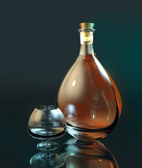 3d render illustration of cognac glass and bottle in dark room photo on blue backgroun