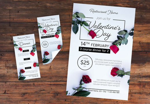 Valentine's Day Dinner Event Layout Set with Photorealistic Rose Illustrations