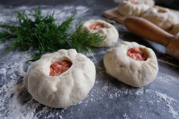 The process of making meat pies from dough with alternative gluten-free flour. Delicious homemade cakes. Slow baking, a useful home product.