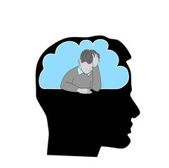 in a person’s head. the guy is sitting upset. depression and bad mood. vector illustration. © Oksana