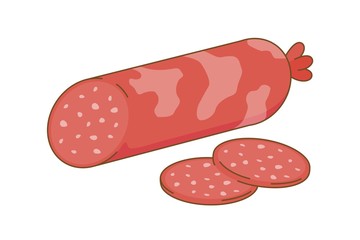 Salami sausage with two slices. Cartoon vector illustration. May use for sticker or web application. Flat style picture isolated on white background.