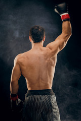Back view of man boxer with raised hands in victory gesture. Concept of hard sport, glory and...