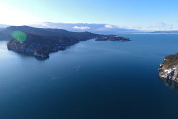 Aerial photo of Halibut Cove in Alaska during winter