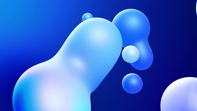 3d abstract background with droplets of molten wax merge and fly apart drops in liquid. Subsurface scattering material with internal blue glow. Seamless loop in 4k. 75