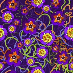 Vector seamless pattern, ornament with neon flowers. On a purple background, black outline. In a simple style, primitive style. For factories, textiles, design, wallpapers, packaging, paper background