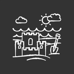 Naklejka premium Ocean beach chalk white icon on black background. Marine shore. Sand castle. Maritime family vacation. Trip to exotic country. Isolated vector chalkboard illustration