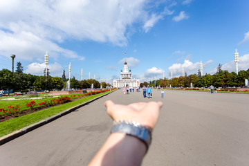 Moscow, Russia, September 01, 2016: VDNH main avenue in the palm of your hand