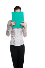 Business woman with green paper pack shot