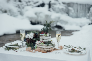 Table set for an event party or wedding reception, winter theme