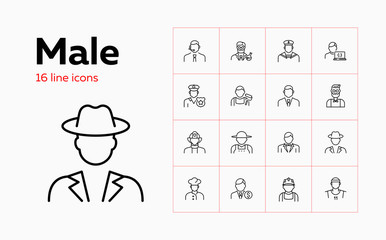 Male line icon set. Blue collar, farmer, police officer, businessman. People concept. Can be used for topics like job, occupation, labor