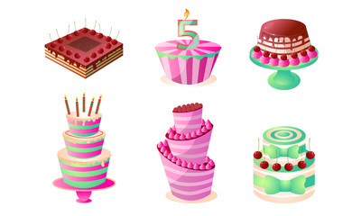 Decorated cakes for holidays and birthday vector illustration