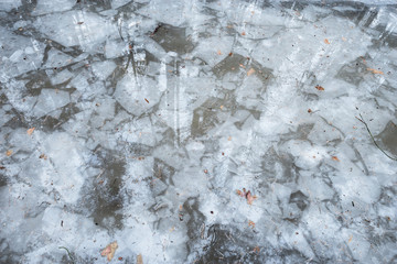Pieces of the ice in the lake water.