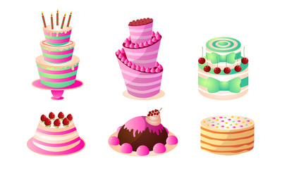Decorated cakes for holidays and birthday with fruits vector illustration