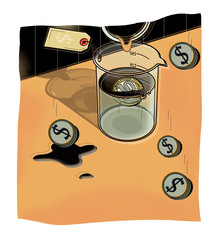 Сost of oil in dollars. Oil from the pipe is poured into a chemical flask. Price. Illustration.