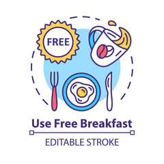 Use free breakfast concept icon. Budget travel, cost effective nutrition idea thin line illustration. Morning meal on the house. Vector isolated outline RGB color drawing. Editable stroke