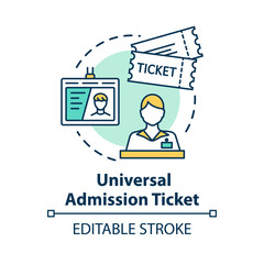 Naklejka premium Universal admission ticket concept icon. Personal premium access pass idea thin line illustration. All inclusive tourism. Vector isolated outline RGB color drawing. Editable stroke