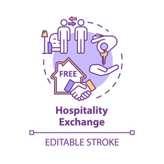 Hospitality exchange concept icon. Budget tourism, cheap accommodation idea thin line illustration. Free stay arrangement. Vector isolated outline RGB color drawing. Editable stroke