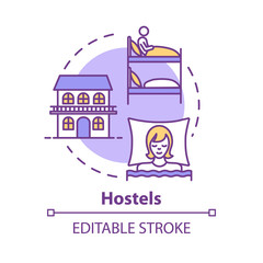 Fototapeta premium Hostels concept icon. Affordable accommodation, budget travel idea thin line illustration. Cheap hotel, guesthouse lodging. Vector isolated outline RGB color drawing. Editable stroke