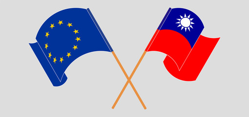 Crossed and waving flags of Taiwan and the EU. Vector illustration