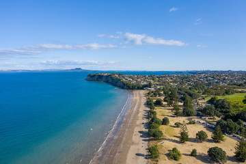 Aerial View of Long Bay, Beach, Park in Auckland, New Zealand
