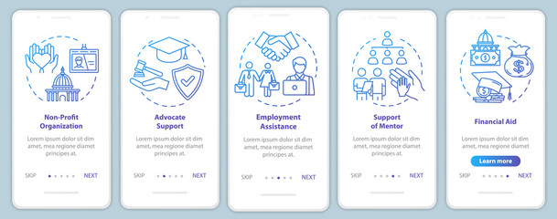 Inclusive society onboarding mobile app page screen with concepts. Social and financial support walkthrough five steps graphic instructions. UI vector template with RGB color illustrations