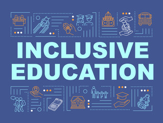 Inclusive education word concepts banner. Universal college program. Handicapped people. Infographics with linear icons on blue background. Isolated typography. Vector outline RGB color illustration