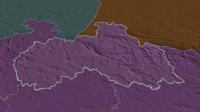 Libereck&yacute;, region with its capital, zoomed and extruded on the administrative map of Czech Republic in the conformal Stereographic projection. Animation 3D