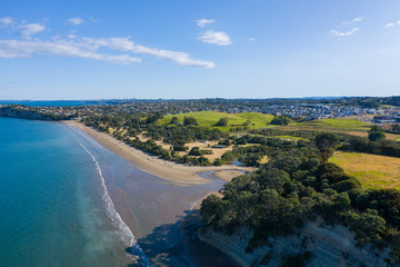 Aerial View of Long Bay, Beach, Park in Auckland, New Zealand