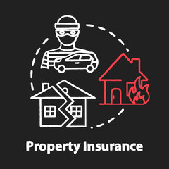 Property insurance chalk RGB color concept icon. House robbery. Crime, theft. Weather disaster damage. Real estate idea. Vector isolated chalkboard illustration on black background