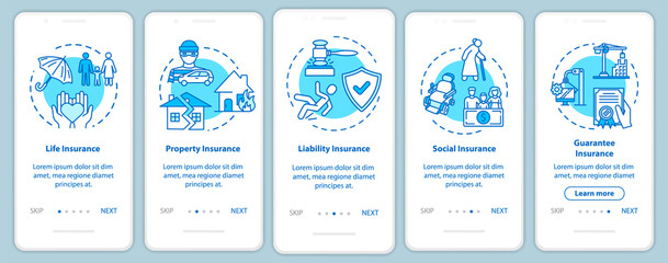Liability insurance onboarding mobile app page screen with concepts. Social assurance. Policy plan walkthrough 5 steps graphic instructions. UI vector template with RGB color illustrations