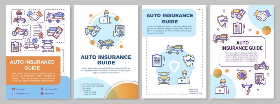 Auto insurance guide brochure template. Damaged property expense. Flyer, booklet, leaflet print, cover design with linear icons. Vector layouts for magazines, annual reports, advertising posters