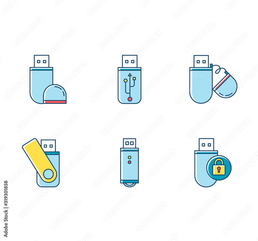 Poster usb flash drive rgb color icons set. compact data storage device. memory stick. thumb drive, key. tr