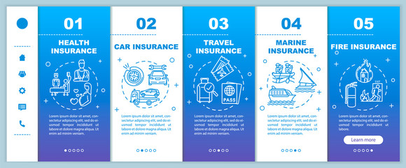 Life insurance onboarding vector template. Healthcare assurance. Injury coverage. Nautical vehicle. Responsive mobile website with icons. Webpage walkthrough step screens. RGB color concept