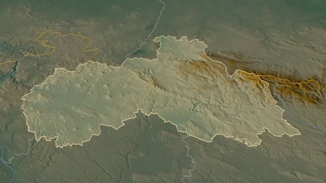 Libereck&yacute;, region with its capital, zoomed and extruded on the relief map of Czech Republic in the conformal Stereographic projection. Animation 3D