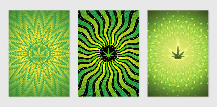 Vector set of cover design template with wonderful abstract mandalas and cannabis leaves; Unusual visionary art. Fantastic backgrounds for products and printing with marijuana; Pages of format A4.