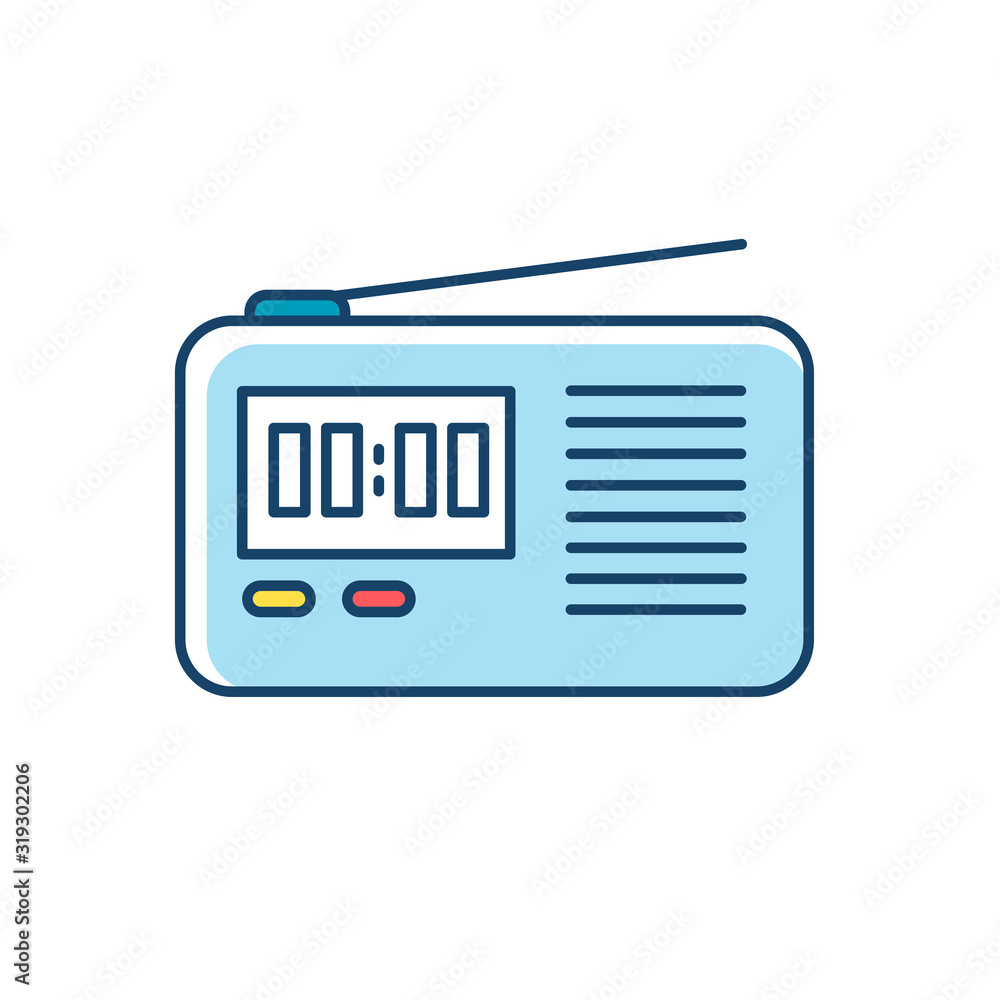 Poster wireless radio set rgb color icon. portable electronic receiver. signal transmitting apparatus. comp
