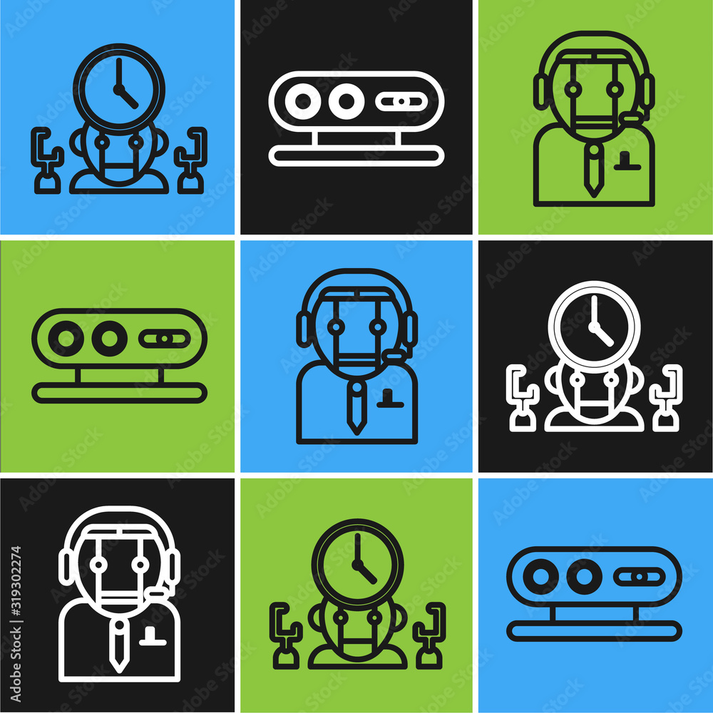 Poster set line robot and digital time manager, worker robot and 3d scanning system icon. vector