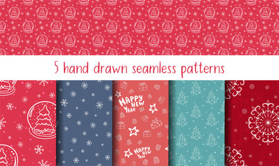 Set of five hand drawn seamless patterns with christmas tree, toys, snowflakes, glass snowball. New Year and Christmas doodle vector icons for design cards, invitations, wallpaper, wrapping paper