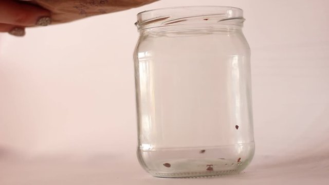Flax seeds are poured into a jar from a paper bag, for cooking - pouring flax seeds from a paper bag into a glass jar to close opens a glass jar and pours flax seeds from a paper bag into it. in a gla