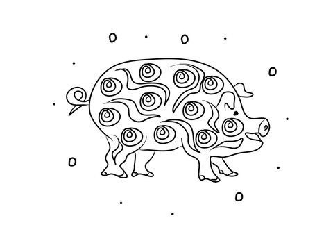 Pig hand drawing coloring page. Modern doodle contour illustration black
