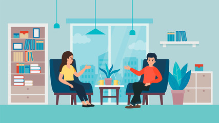 Young Couple is Discussing in a Living Room. Man and Woman Sit and Talk on against Each Other in the Home Atmosphere With Beautiful Cityscape. Flat Cartoon Style. Vector Illustration