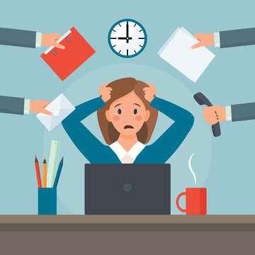 Stressed Multitasking Business Woman at Workplace. A Lot Of Things To Do In One Moment. Cartoon Flat Style. Vector illustration