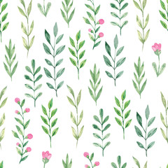 Spring seamless pattern with hand drawn watercolor green branches and flowers. Isolated illustration