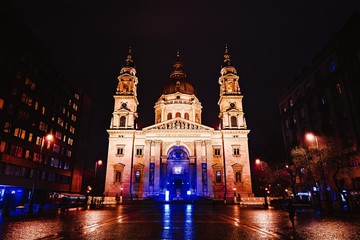 St. Stephens Basilica - Church in Budapest, Hungary. Beautiful evening or night scene of illuminating ancient architecture.