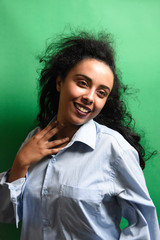 Overjoyed girl , Photo of african girl wears blue shirt , Emotions and pleasant feelings concept.