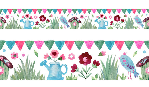 Seamless border with ribbon of spring elements. Cute watercolor bird and birdhouse, watering, grass and flowers